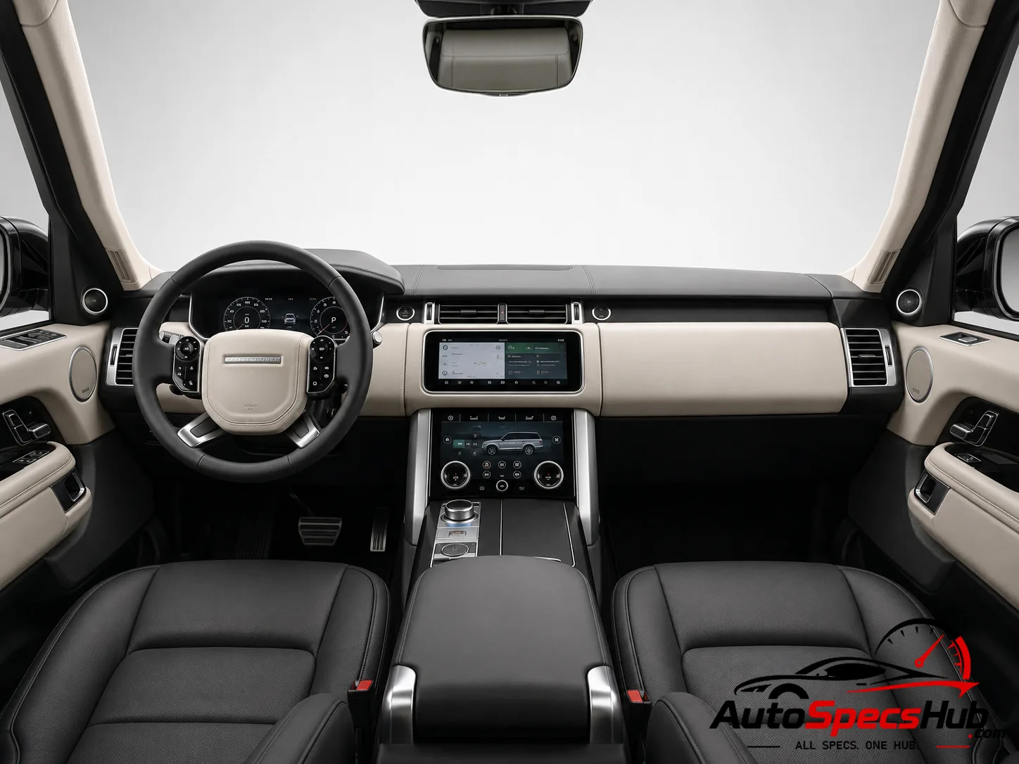 2019 Land Rover Range Rover P400 MHEV LWB interior dashboard and front cabin with ivory leather seats