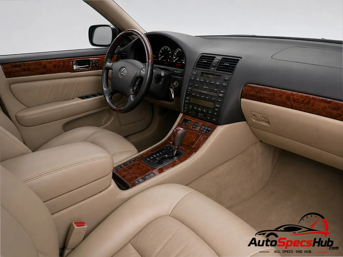 1999 Lexus LS 400 interior with leather seats wood trim dashboard and luxury steering wheel