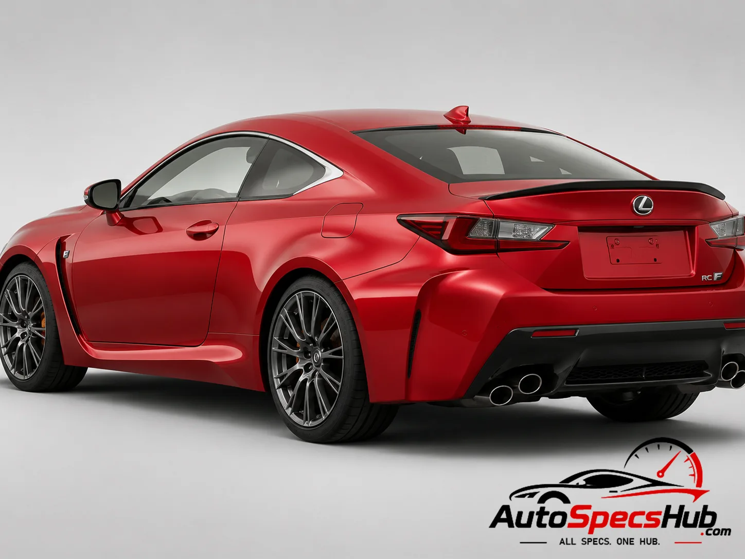 2014 Lexus RC F high performance coupe rear three-quarter view with quad exhaust and LED taillights