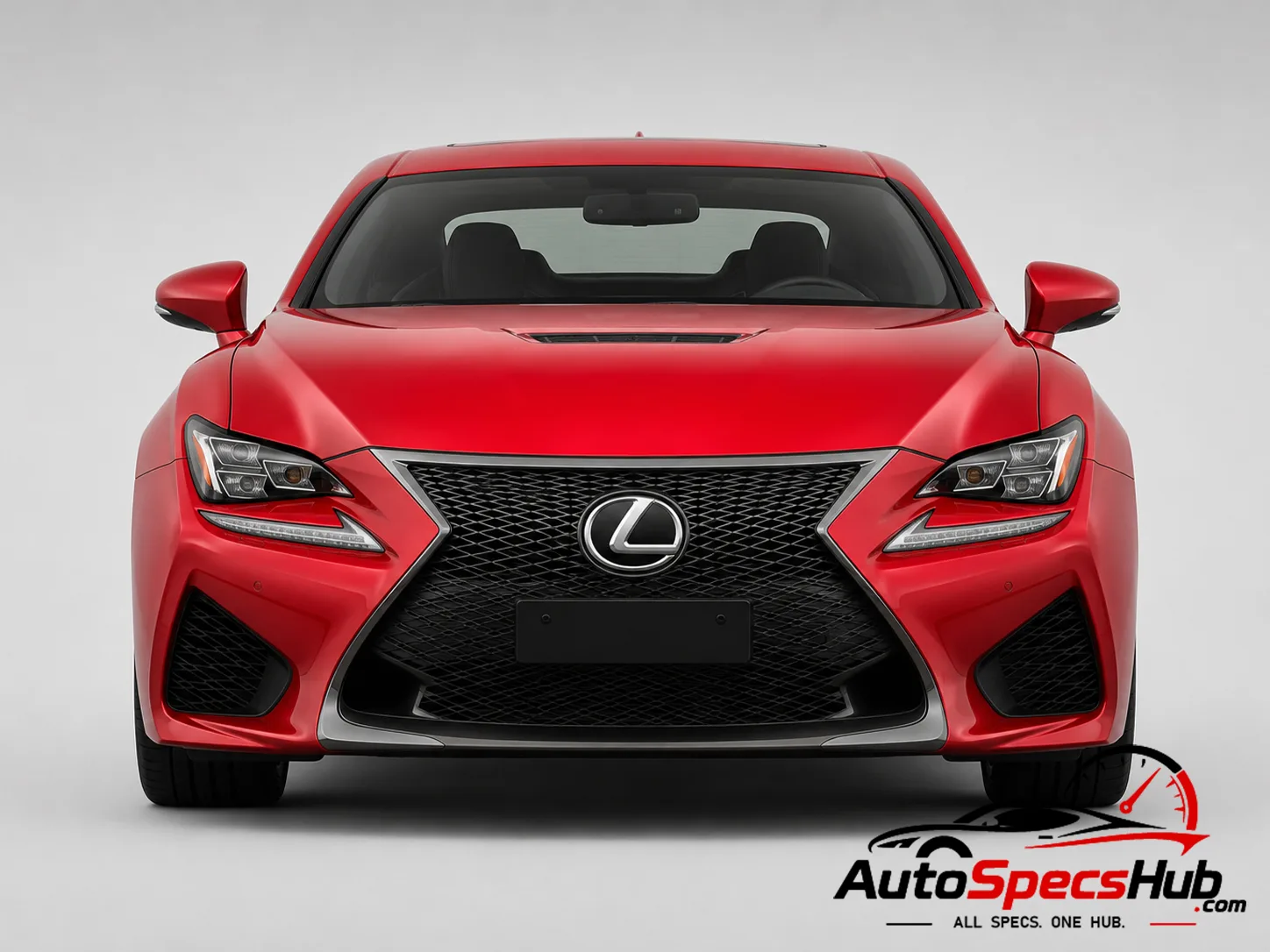 2014 Lexus RC F front view with Lexus spindle grille LED headlights and sporty front bumper