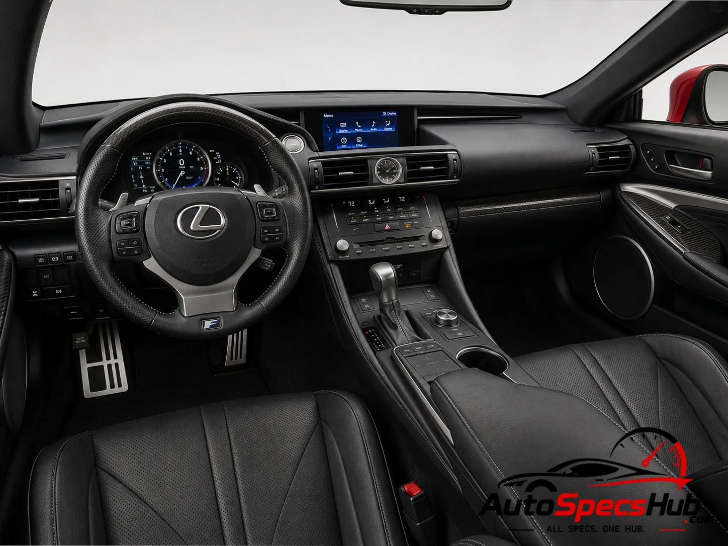 2014 Lexus RC F interior with sport seats leather steering wheel dashboard and driver focused cockpit