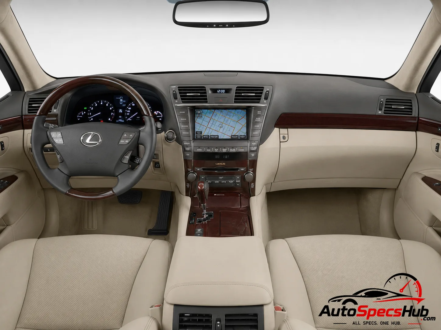 2009 Lexus LS 600hL interior with premium leather seats, wood trim, and luxury dashboard