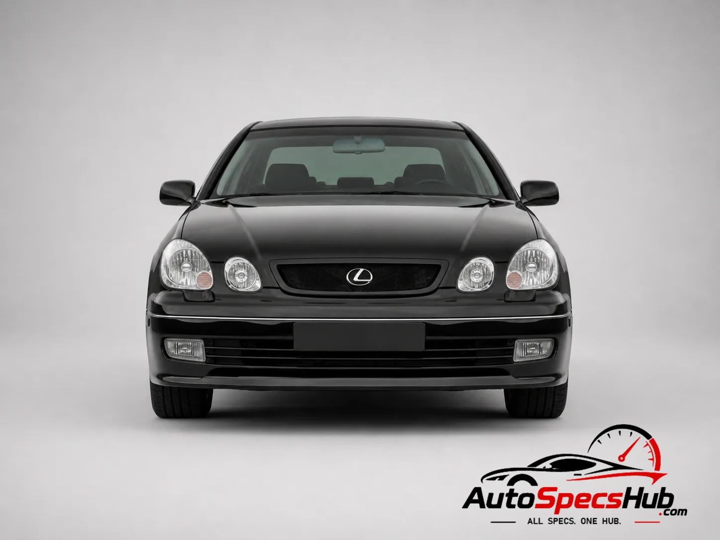 2001 Lexus GS 430 luxury sedan in black, front view on a gray studio background.