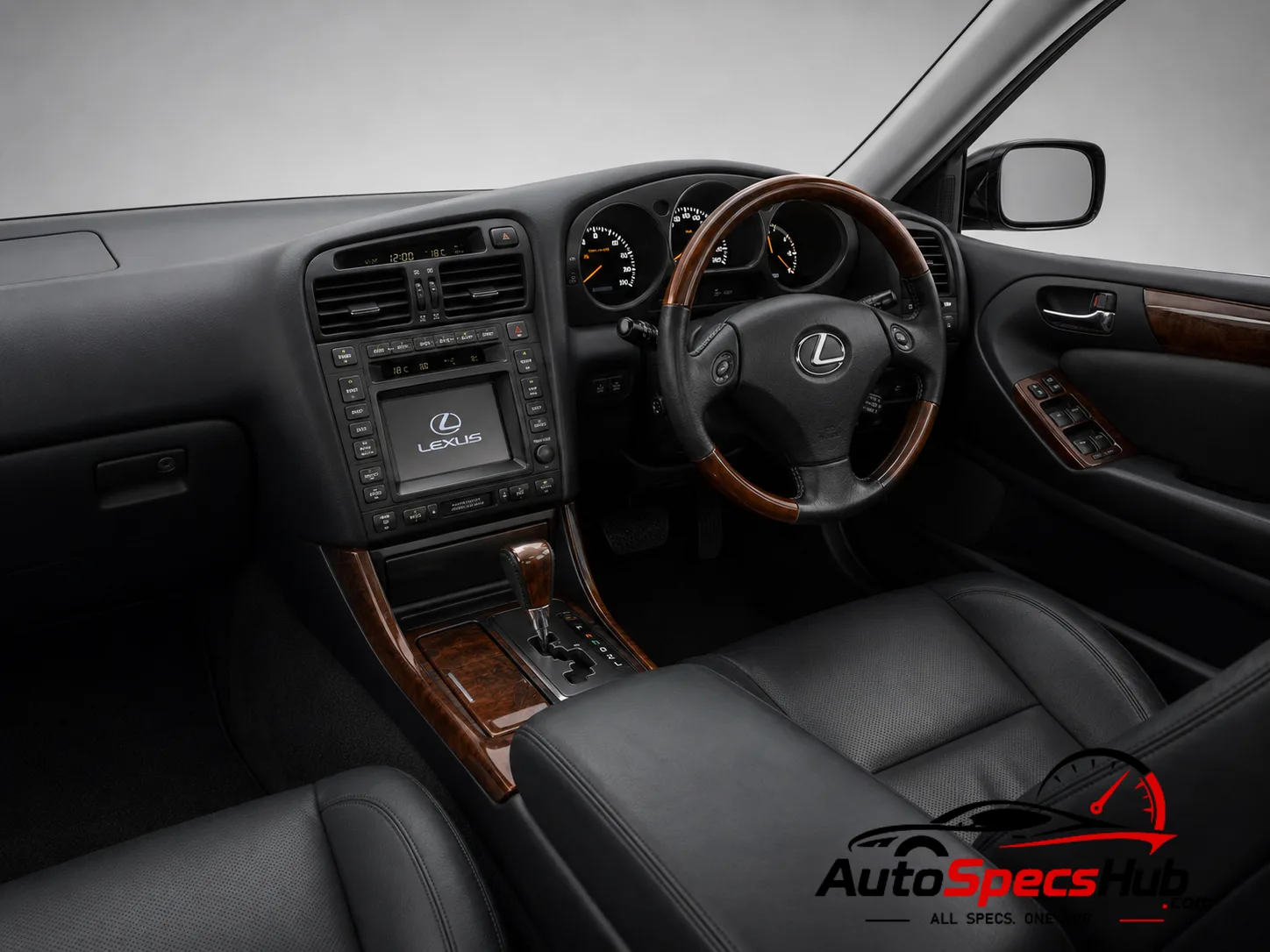 2001 Lexus GS 430 interior featuring black leather seats, wood trim, dashboard, center console, and right-hand-drive steering