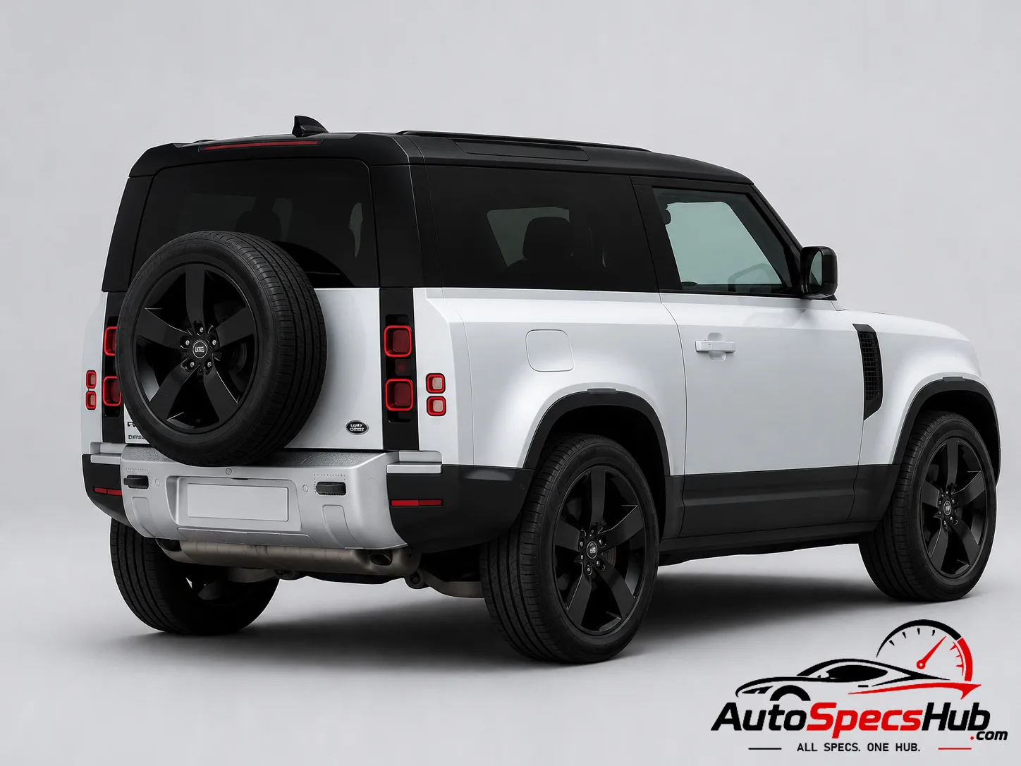 2021 Land Rover Defender 90 D200 rear three-quarter view in Fuji White