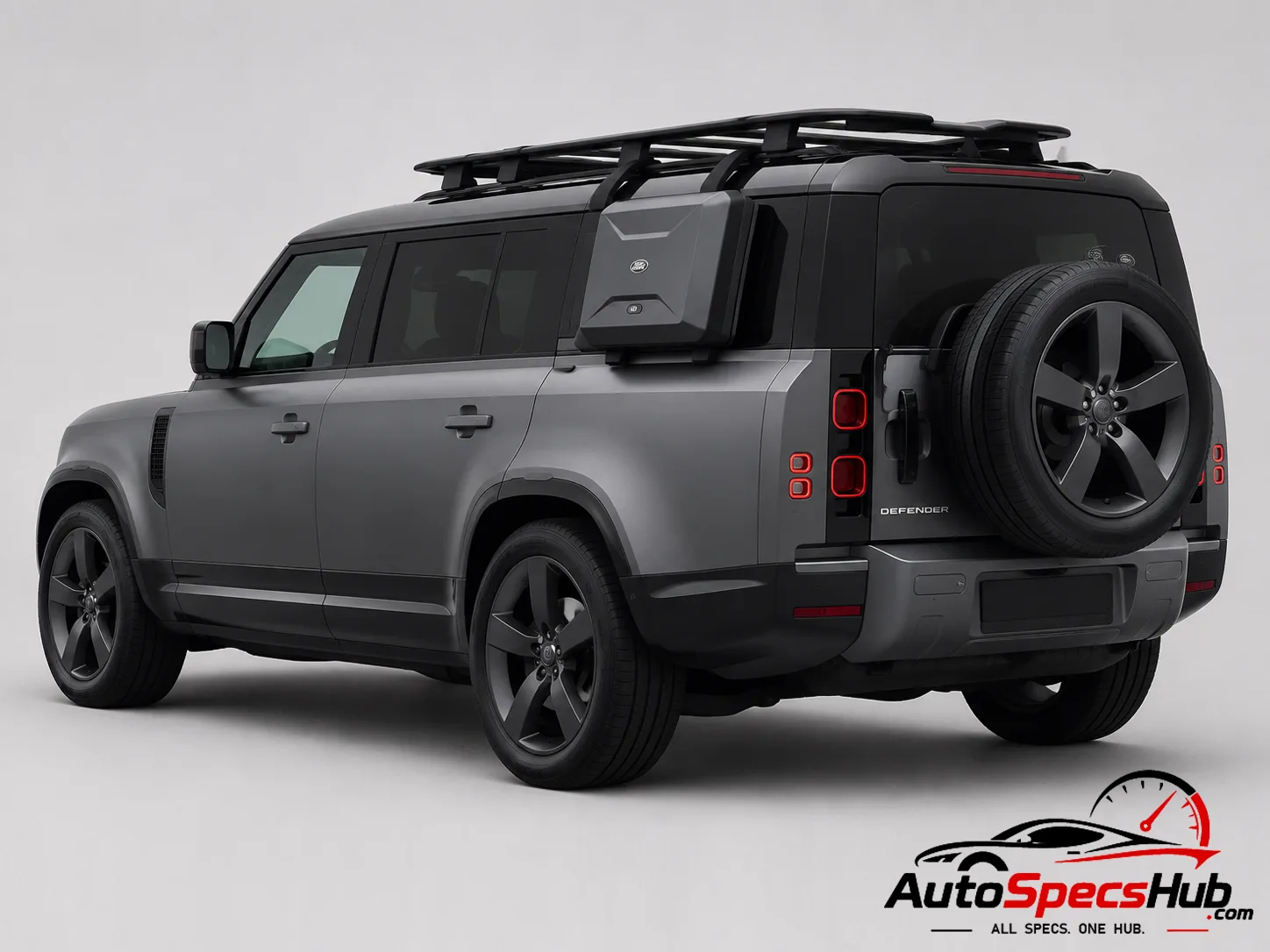 2022 Land Rover Defender 130 P400 rear three-quarter view in Carpathian Grey